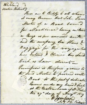 Manifest, boat, John Lawe, 27 August 1819