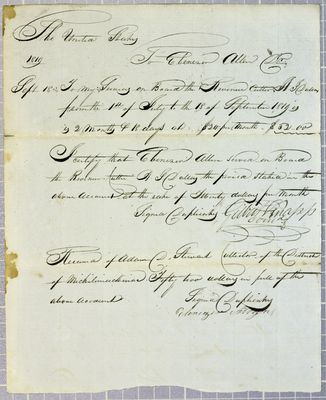 Receipt, Ebenezer Allen, seaman on A. J. Dallas, 18 September 1819