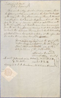 Certificate, D. O Dunham, Brig Adams, 13 November 1807