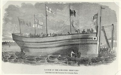 The launch of the schooner Hercules at Robertson's Shipyard in 1863. The derrick at the right was on Zealand's Wharf.