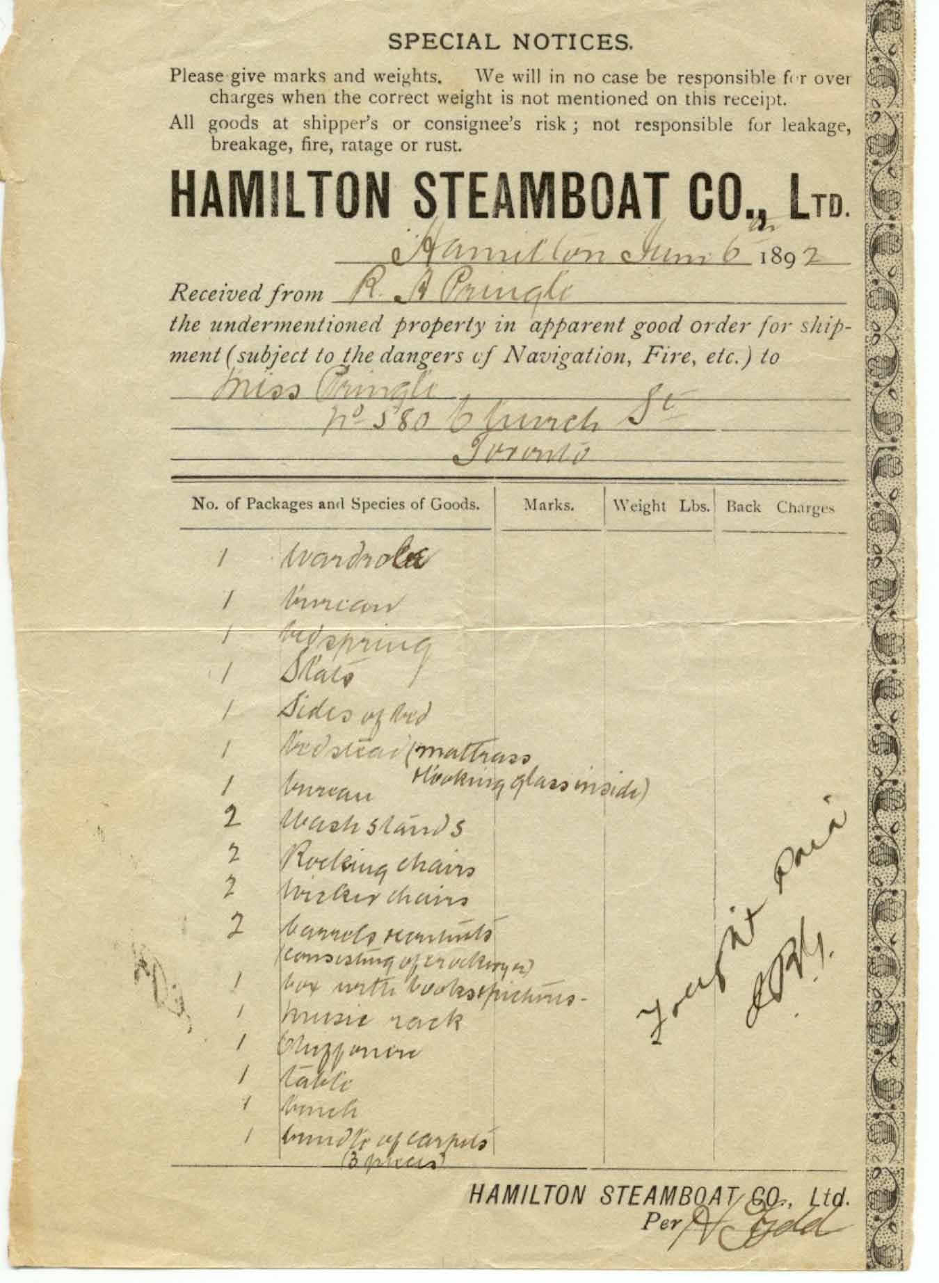 Hamilton Steamboat Company Bill of Lading