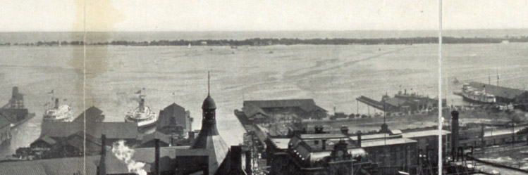 Complete view of Toronto harbour showing the eastern and western entrances