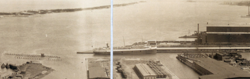 [Bird's-eye view of Duluth showing harbor from Point of Rocks]