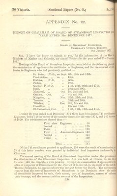 Report of Chairman of Board of Steamboat Inspection For the Year Ended 31st December 1872