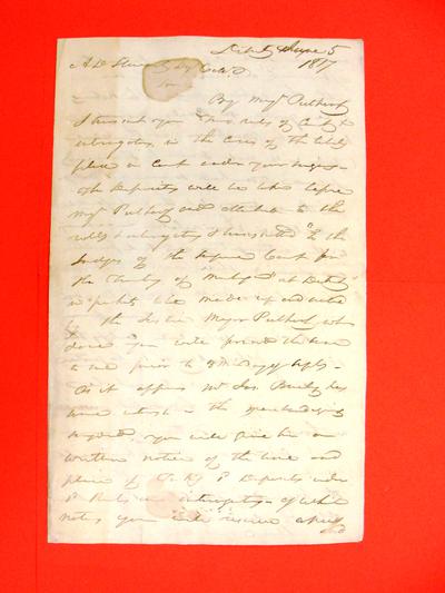 Letter, 5 June 1817: from ? At Detroit to A. D Stuart, Mackinac, re depositions in case [Widows Son?]