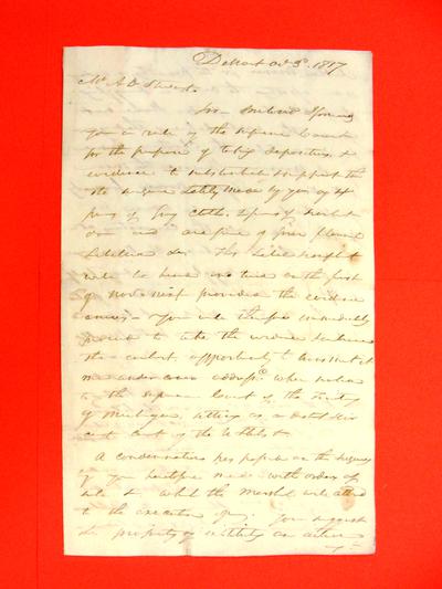 Letter, 3 Oct 1817: Sibley to A. D. Stewart re evidence for prosecution before Supreme Court of Michigan Territory