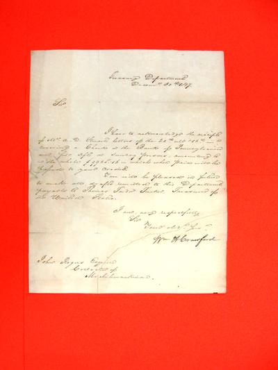 Letter, 30 Dec 1817: Wm. H. Crawford to John Rogers, Collector; receipt of $9,965.16