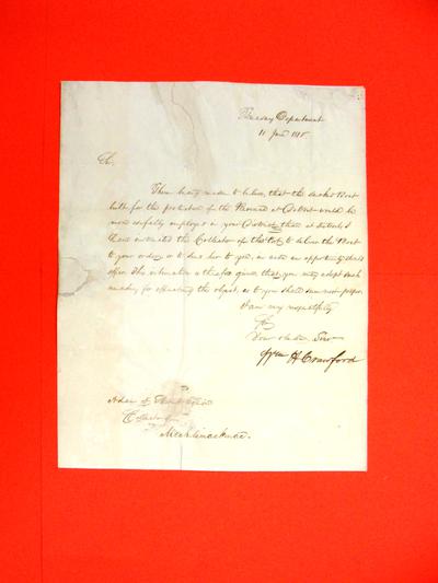 Letter, 10 June 1818: Wm H. Crawford to Adam D Stewart: transfer of decked boat from Detroit district.