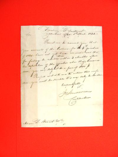 Letter, 5 Apr 1822: Comptroller's Office, requiring 4th Quarter returns or $1000 penalty