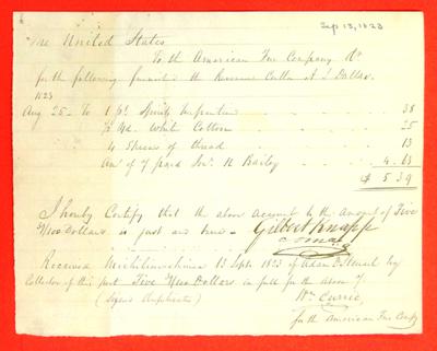 Revenue Cutter, A. J. Dallas, Receipt, 13 Sep 1823