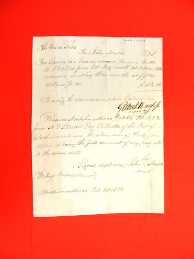 Revenue Cutter, A. J. Dallas, Receipt, 01 Oct 1823