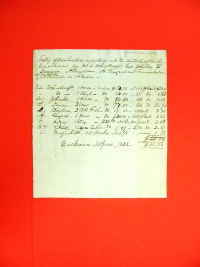 Manifest, 30 Jun 1831, Entry of Merchandise for Sault Ste. Marie