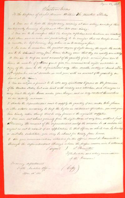 Regulations, 23 Apr 1835, Treasury Department to Keepers of Light Houses within the United States