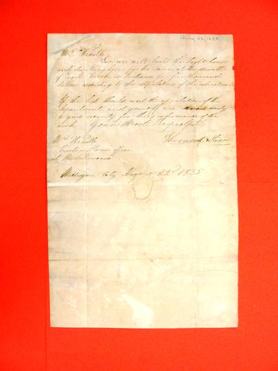 Correspondence, 22 Aug 1835, "Sherwood & Nixon. Michigan City to A. Wendell re Bid to build a lighthouse at Trail Creek, IN"