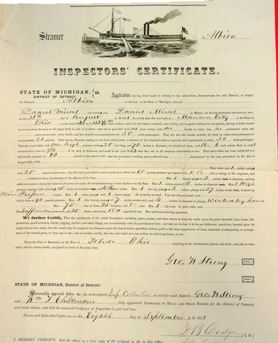 Steamer Albion, Inspector's Certificate, 22 June 1857