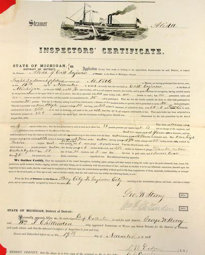 Steamer Alida, Inspector's Certificate, 16 November 1858