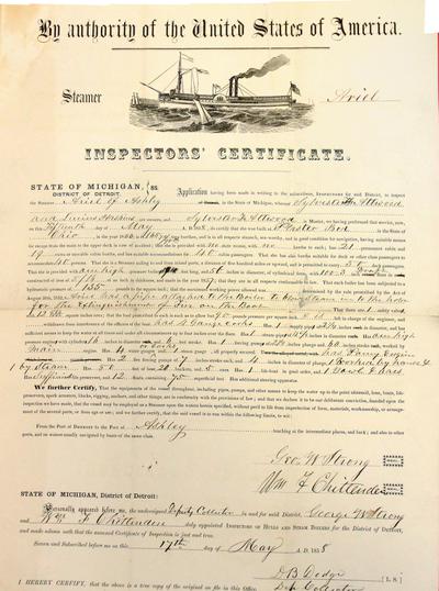 Steamer Ariel, Inspector's Certificate, 15 May 1858