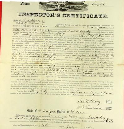 Steamer Comet, Inspector's Certificate, 22 July 1857