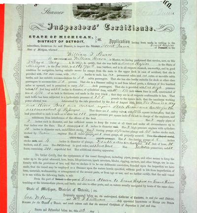 Steamer Forest Queen of Grand Rapids, Inspector's Certificate, 28 May 1857