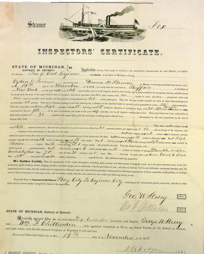 Steamer Fox, Inspector's Certificate, 16 November 1858