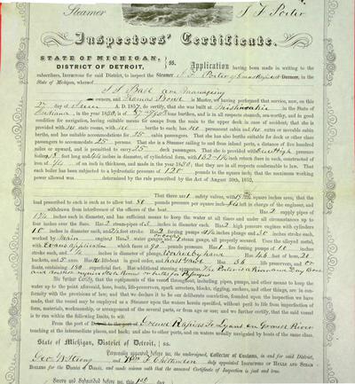 Steamer J. F. Porter, Inspector's Certificate, 27 June 1857