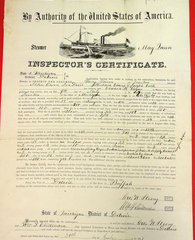 Steamer May Queen, Inspector's Certificate, 9 July 1857