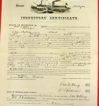 Steamer Michigan, Inspector's Certificate, 30 September 1857