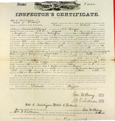 Steamer Ocean, Inspector's Certificate, 7 August 1857