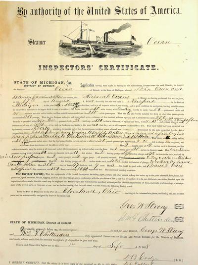 Steamer Ocean, Inspector's Certificate, 17 August 1858