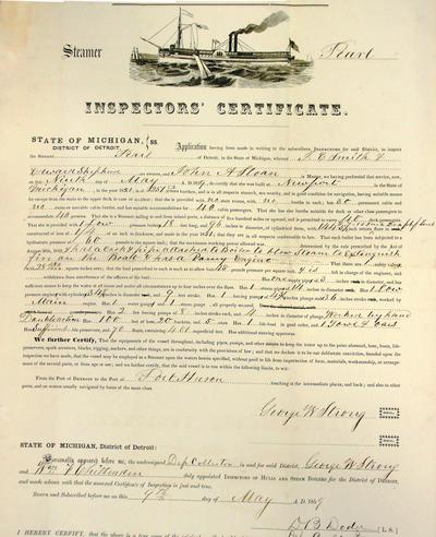 Steamer Pearl, Inspector's Certificate, 9 May 1859