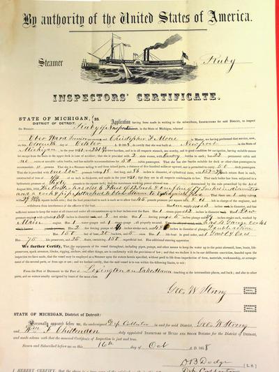 Steamer Ruby of Newport, Inspector's Certificate, 11 October 1858