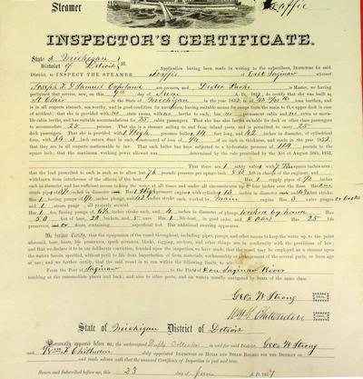 Steamer Traffic, Inspector's Certificate, 9 June 1857