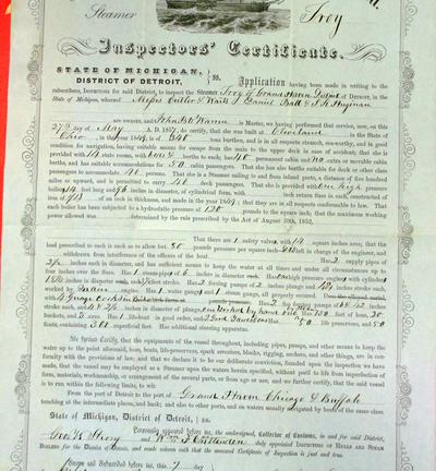 Steamer Troy, Inspector's Certificate, 27 May 1857