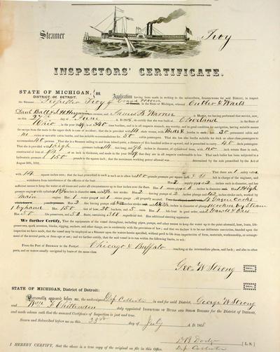 Steamer Troy, Inspector's Certificate, 27 June 1858