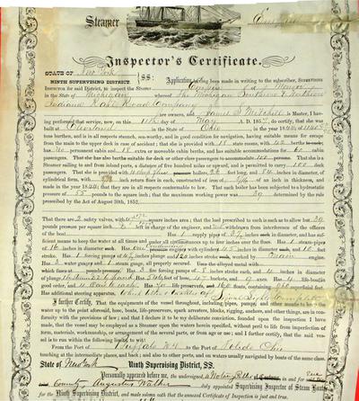 Steamer Empire, Inspector's Certificate, 11 May 1857