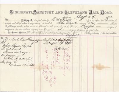 Cincinnati, Sandusky & Cleveland Rail Road to Mystic, Bill of Lading