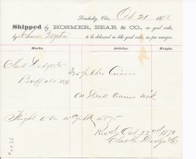 Hosmer, Bear & Co. to Mystic, Bill of Lading