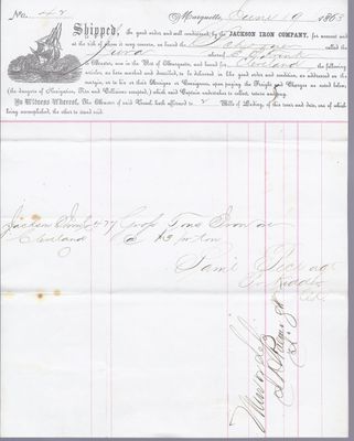 Jackson Iron Company to Jura, Bill of Lading