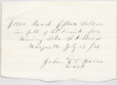 John O'Harra to S. A. Wood, Receipt