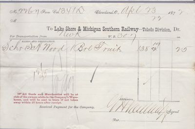 Lake Shore & Michigan Soutern Railway to S. A. Wood, Bill of Lading