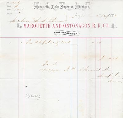 Marquette and Ontonagon R. R. C. to S. A. Wood, Receipt