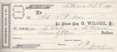 O. Wilcox, Tug to S. A. Wood, Receipt