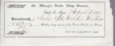 St. Mary' Falls Ship Canal to S. A. Wood, Receipt