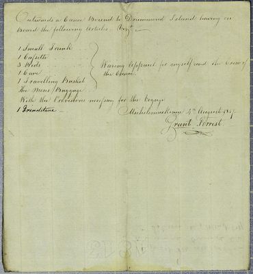 Manifest, canoe, Grant Forrest, 4 August 1817