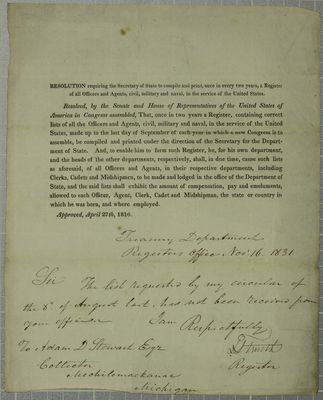 Treasury Department, Circular, 16 November 1831