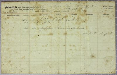 Major Oliver, Manifest, 6 September 1839