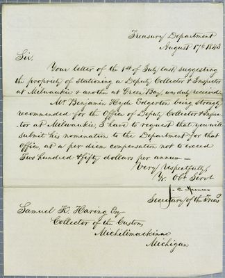 Treasury Department, letter, 17 August 1843