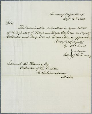 Treasury Department, letter, 15 September 1843