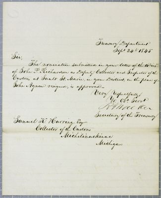 Treasury Department, letter, 24 September 1845