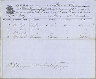 Manifest, steamboat Louisiana, 18 July 1855